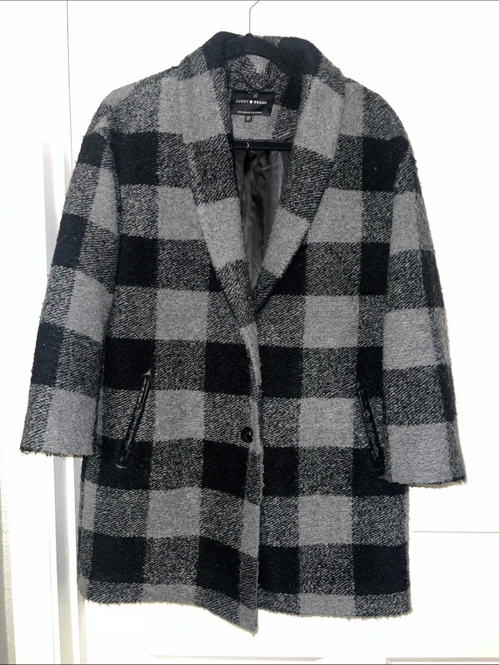 Lucky Brand Black and Gray Check Plaid Pea Coat